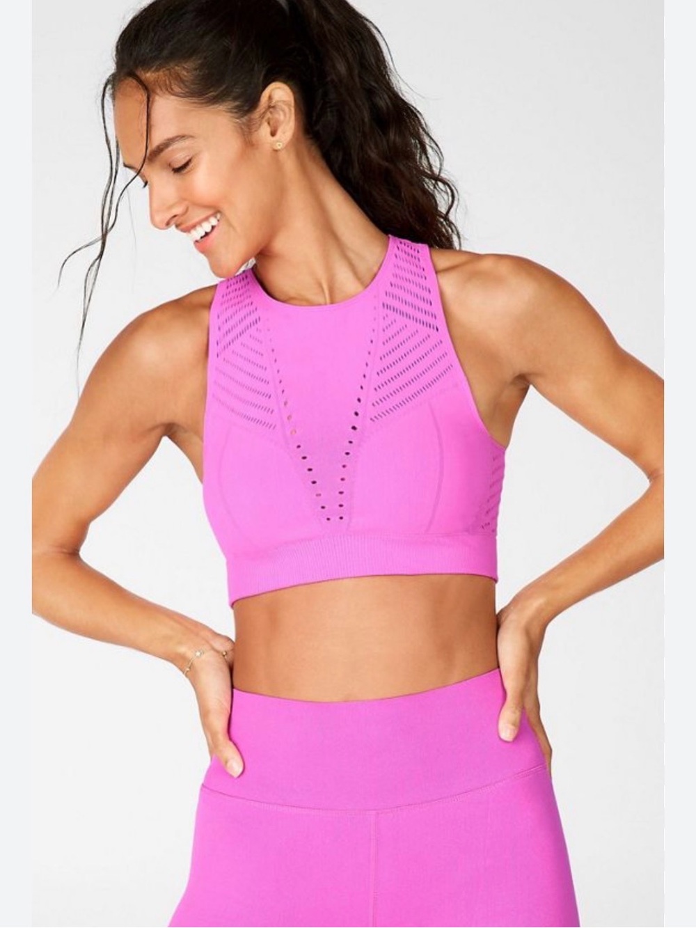Fabletics High-Neck Seamless Sports Bra and Leggings set- Hot Pink